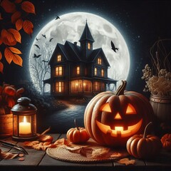 pumpkin in the foreground, an old house in the background at night and moonlight