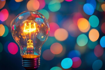 A closeup of a glowing lightbulb with a bokeh background of vibrant colors, symbolizing innovation 