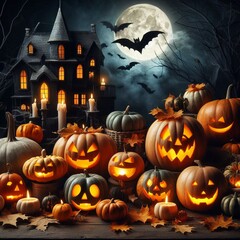 pumpkin in the foreground, an old house in the background at night and moonlight