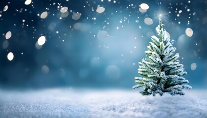 Naklejka premium Christmas tree isolated on a snow background with bokeh lightning, abstract background banner with copy space
