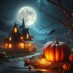 pumpkin in the foreground, an old house in the background at night and moonlight