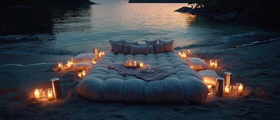 Romantic Aerial View of a Serene Beach Picnic Setup