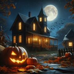 pumpkin in the foreground, an old house in the background at night and moonlight