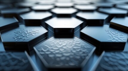 The image showcases hexagonal panels with metallic textures, creating a sense of modern and technological design. The style is minimalist and futuristic, focusing on geometric shapes