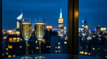 Champagne glasses on a table by a window with a view of the New York City skyline at night generative ai