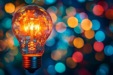A closeup of a glowing lightbulb with a bokeh background of vibrant colors, symbolizing innovation 