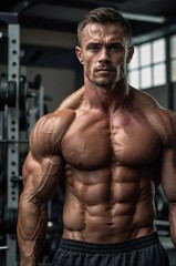 Muscular man poses confidently in gym while showcasing strength and dedication to fitness.