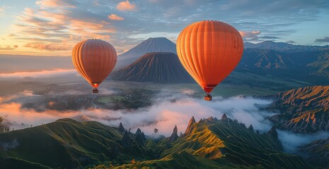 Obraz premium Two hot air balloons flying over the foggy mountains