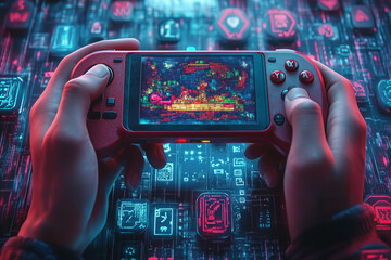 Realistic vector showing a gamer using a handheld console to play a platformer game while traveling, surrounded by digital game characters and icons.