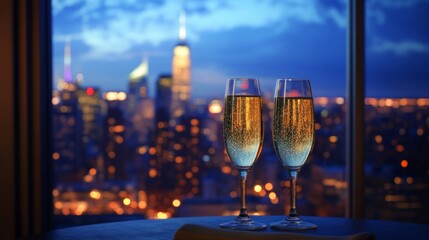 Champagne glasses on a table by a window with a view of the New York City skyline at night generative ai