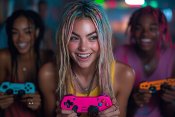 A group of friends playing a local multiplayer party game on a console, each holding brightly colored game controllers and laughing as they compete.