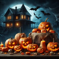 pumpkin in the foreground, an old house in the background at night and moonlight