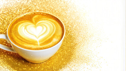 Artistic golden latte with heart design on a glittery background
