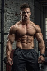 Fototapeta premium Muscular young man posing confidently in a gym environment, showcasing his impressive physique and strength training dedication.