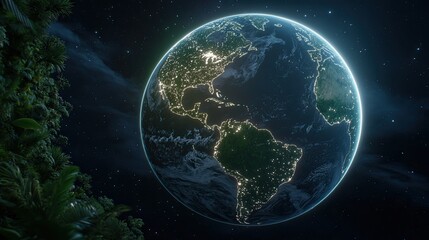 Fototapeta premium The lush, green planet Earth is illuminated by soft sunlight, showcasing global hope and commitment to environmental protection amidst vibrant garden foliage