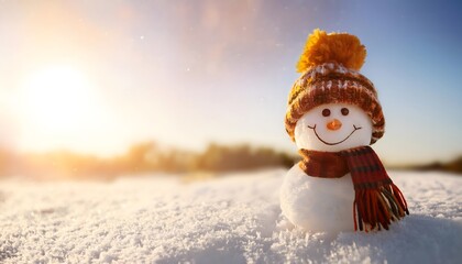 Cute funny laughing snowman with a wool hat and scarf, on snowy snow, bokeh lights, illuminated, Christmas background with copy space