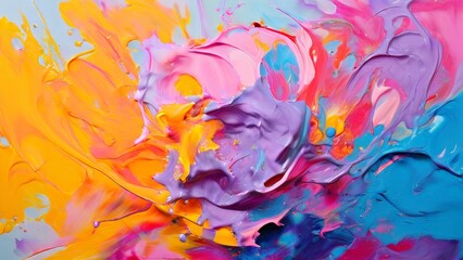Vibrant abstract painting with swirling colors of pink, yellow, and blue in a dynamic, fluid composition.