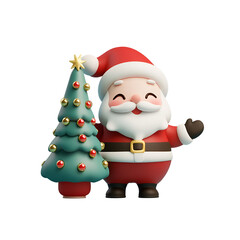 Obraz premium 3D Render Cartoon of Santa Claus and a Christmas Tree, Christmas Character Illustration, Isolated on Transparent Background, PNG