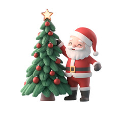 Fototapeta premium Cartoon Christmas Character: Santa Claus and a Christmas Tree, 3D Render Illustration, Isolated on Transparent Background, PNG