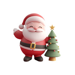 Fototapeta premium 3D Render Illustration of Santa Claus and a Christmas Tree, Christmas Character Cartoon, Isolated on Transparent Background, PNG