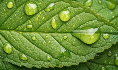 Macro closeup of a green leaf with drops