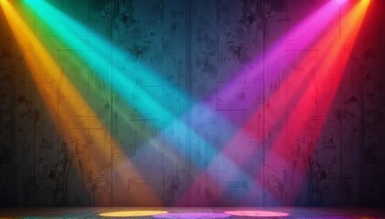 Colorful stage lights create a vibrant theatrical atmosphere with intersecting beams on a textured background.