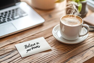 A handwritten note with the quote "Believe in your dreams" placed on a minimalist desk next to a steaming cup of coffee and a laptop, in a serene home office setting