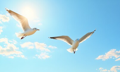 Obraz premium Pair of seagulls flying in the blue sky