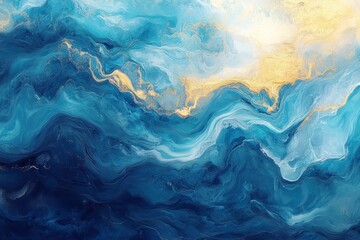 Obraz premium Abstract blue and gold marbled background with fluid, swirling patterns and textures.