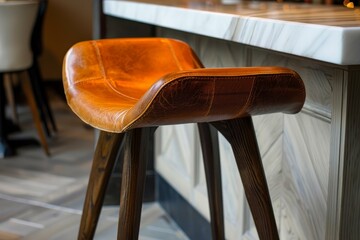 Empty brown leather bar stool with wooden legs standing next to white marble bar
