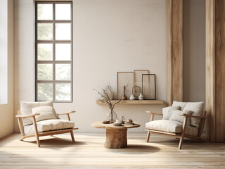 Simple minimalist japandi and wabi sabi style living room with reclaimed wood furniture in neutral colors. Reused materials furniture. Rustic interior.