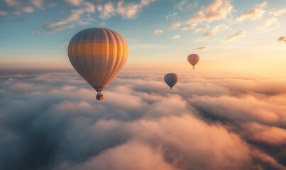 Fototapeta premium Hot air balloons rising above a dense cloud cover during sunrise, with the golden hues of the morning sun reflecting on the top of the