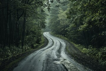 Obraz premium Wet, winding, empty road is leading through a dense, green forest after the rain