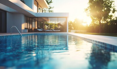 Private swimming pool near luxury villa. Sunny summer travel vacation