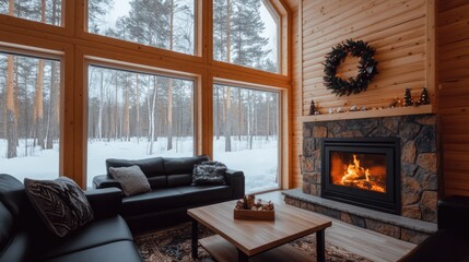 Obraz premium Warm and inviting, the cabin's living room features black leather couches, a wooden table, and a large stone fireplace, complemented by festive decorations and a snowy landscape outside
