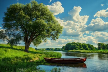 Obraz premium Serene Landscape with a Tree and a Boat on a River