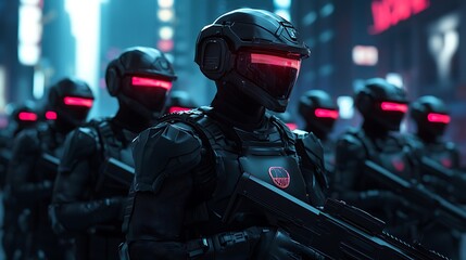 Futuristic soldiers in a cyberpunk city, standing in formation with weapons and glowing visors