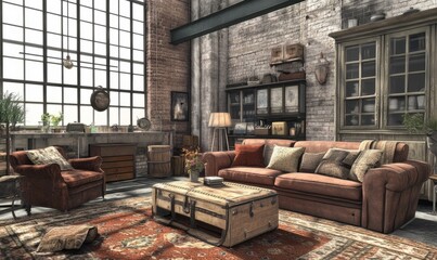 Industrial Styled Living Room with Vintage Furniture. Interior Design Background