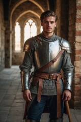Obraz premium Medieval knight poses confidently in armor within a historic stone corridor during the Middle Ages.