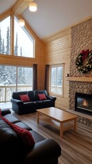 Warm and inviting, the cabin's living room features black leather couches, a wooden table, and a large stone fireplace, complemented by festive decorations and a snowy landscape outside