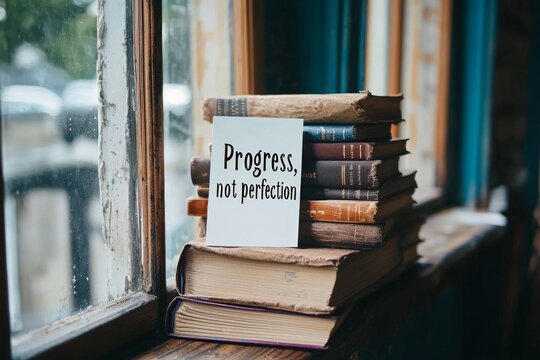 A simple white card with the quote "Progress, not perfection" leaning against a stack of books on a cozy reading nook by the window, evoking the idea of self-improvement and lifelong learning.