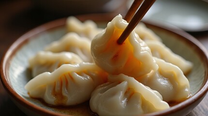 With a rich sheen of soy sauce, a mouthwatering dumpling is held delicately between chopsticks, ready to be savored.