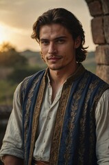 A young medieval peasant stands confidently in a sunlit field, showcasing the richness of rural life during the medieval era.