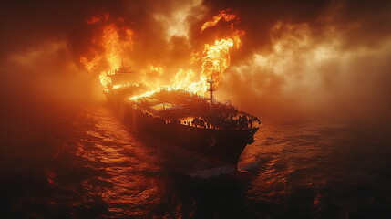 Fototapeta premium Critical Moments with a Oil Tanker Fires at Sea