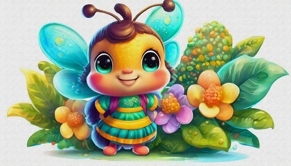 Naklejka premium oil painting style CARTOON CHARACTER illustration CUTE Honeybee isolated on white background, top view. side front view