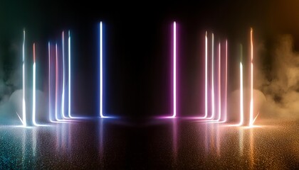 Vibrant neon light trails with futuristic abstract motion effect in a dark background