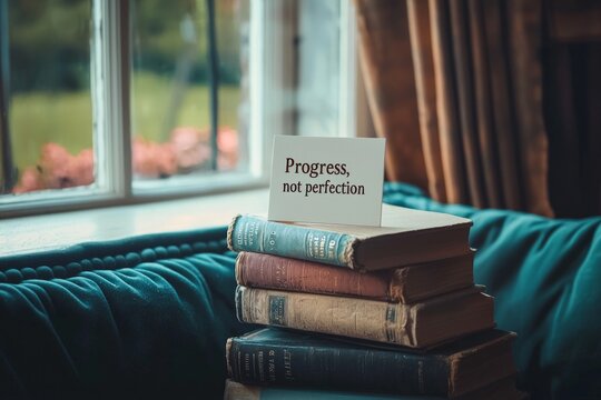 A simple white card with the quote "Progress, not perfection" leaning against a stack of books on a cozy reading nook by the window, evoking the idea of self-improvement and lifelong learning.