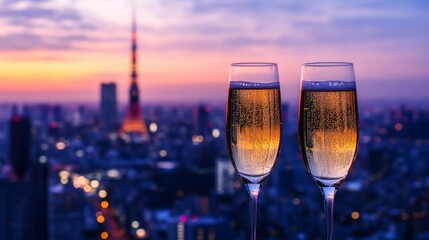 Close-up of champagne glasses overlooking the skyline of a beautiful city, romantic dinner generative ai