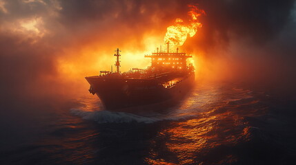 Obraz premium Critical Moments with a Oil Tanker Fires at Sea