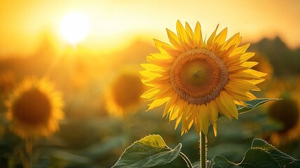 Fototapeta premium A sunflower in a field at sunset, with the sky in the foreground